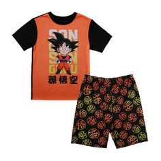 The set includes an orange short sleeve crew neck tee with black sleeves and an image of Goku above the series logo, a short with an elastic waistband and all over print of dragon balls and kanji symbols. Fans of the Dragon Ball Z sleep set will love this comfy shorts set. Relaxed Fit Graphic Print Sets, Casual Sets With Character Print And Short Sleeves, Casual Black Character Print Sets, Relaxed Fit Graphic Print Sets With Short Sleeve, Multicolor Crew Neck Sets With Graphic Print, Casual Black Sets With Character Print, Casual Playwear Sets With Character Print, Casual Short Sleeve Sets With Character Print, Graphic Print Relaxed Fit Sets With Short Sleeve