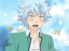 an anime character with white hair and blue eyes looking at something in the sky behind him