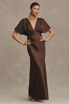 BHLDN Leila Deep-V Flutter-Sleeve Satin A-Line Gown Velvet Gowns, Lace Capelet, Unique Bridesmaid Dresses, Floral Frocks, Draped Bodice, Mob Dresses, Embellished Gown, Bride Gowns, Plunge Neckline