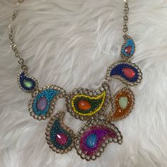 Excellent Condition, Never Worn. Beautiful Beaded Necklace, Multicolor Multicolor Jeweled Necklaces With Round Beads, Adjustable Multicolor Bib Necklace, Multicolor Metal Beaded Necklaces, Multicolor Jeweled Beaded Necklace For Party, Multicolor Metal Rhinestone Necklace For Party, Adjustable Multicolor Beaded Bib Necklace, Multicolor Jeweled Necklace For Party, Adjustable Multicolor Bib Necklaces With Colorful Beads, Bohemian Rhinestone Necklace For Festivals