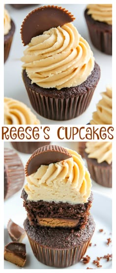 cupcakes with peanut butter frosting on top and chocolate in the middle are shown