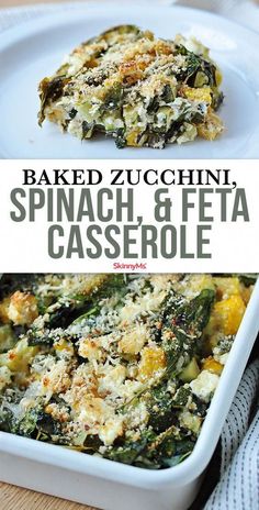 baked zucchini spinach and feta casserole in a white dish