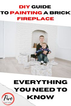 a man sitting on top of a chair next to a fire place with the words diy guide to painting a brick fireplace everything you need to know