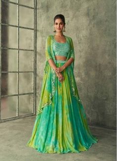 Exquisite Georgette Lehnga choli with designer dupatta , Mirror work Crop Top With Tie Dye  Skirt And Cape Party Wear Skirt Top, Mehandi Outfits, Mehendi Outfit, Haldi Outfits, Cocktail Skirts, Simple Lehenga, Mehendi Outfits, Trendy Outfits Indian, Georgette Lehenga