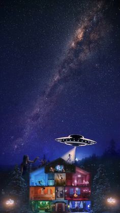 an alien flying over a building in the night sky with lights on it's roof