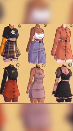 four different types of skirts and tops on mannequins, all in different colors