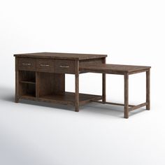 two wooden desks with one open drawer and the other closed shelf on each side