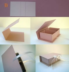 four different views of the inside of a box with ribbon tied around it and another photo showing how to fold an open box