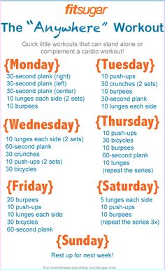 an orange and blue workout schedule with the words,'the anywhere workout '