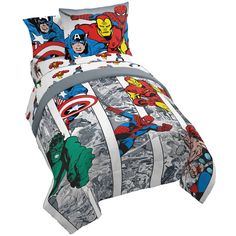 the bed is made up with avengers and captain america designs on it's sheets