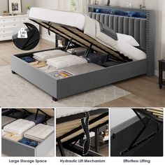 the bed frame is open and has multiple storage compartments underneath it, along with an extra pull out mattress