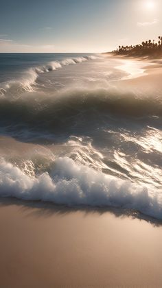 the sun shines brightly on an ocean beach with waves crashing in front of palm trees