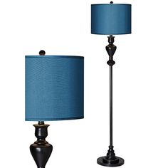 two lamps with blue shades on them are next to each other and one has a black base