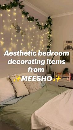 a bedroom decorated with christmas lights and greenery is featured in this ad for meesho