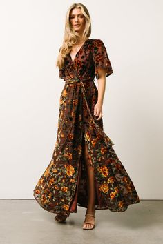 Say hello to our Uma Velvet Maxi Dress! This gorgeous dress features clove velvet material with a unique burnout mesh floral print. Luxurious Dresses, Bridesmaid Inspiration, Velvet Maxi Dress, Velvet Maxi, Formal Skirt, Flowy Shorts, Surplice Neckline, Maxi Dress Green, Velvet Material