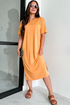 82% MODAL, 18% POLYESTER Model Wearing Size Small Color: Orange Style: T-Shirt Dress Short Sleeves Side Leg Slits Midi Length Relaxed Fit Dress Has Stretch 3“ Armpit To Sleeve End 36" Armpit To Hemline For Model Size Specs Please Check Size Charts Launched: 7/8/24 Orange Fashion, Fitted Dress, Midi Length, T Shirt Dress, Short Sleeve Dresses, Shirt Dress, Short Sleeves, Midi Dress, Relaxed Fit