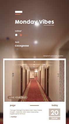 the front page of a website with an image of a long hallway and red carpet