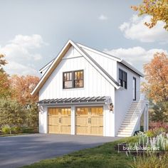 a two car garage with stairs leading up to it