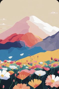 a painting of flowers and mountains in the background