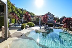 an outdoor swimming pool surrounded by trees and shrubs with the sun shining in the background