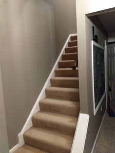 a set of stairs leading up to the second floor in a house with carpeted floors