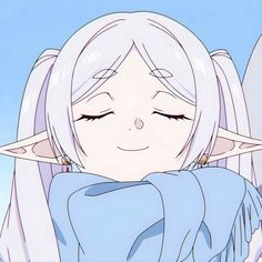 an anime character with white hair and angel wings on her head, looking at the camera