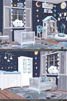 a child's room with stars, moon and clouds on the wall in blue tones