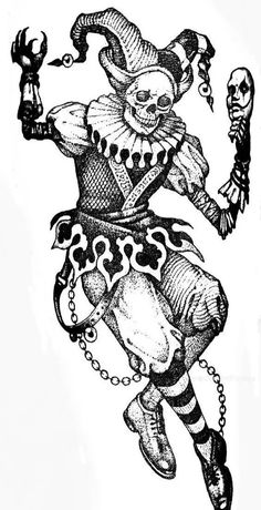 a black and white drawing of a clown