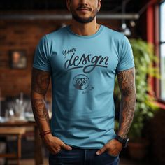 INSTANT DOWNLOAD - no physical item will be delivered Introducing our Pale Blue T-Shirt Mockup, featuring a stylish tattooed man in a soothing pale blue tee. This mockup exudes a sense of calm and subtle style, making it an ideal choice for showcasing your designs with a touch of understated elegance. The pale blue hue complements the tattoos, creating a harmonious visual. Perfect for those looking to blend artistry with fashion in their designs. Once your payment is cleared, you will receive an email with the download link. You can also access your purchase via your Etsy profile. Download the files, and start working on your images.  The high-resolution JPG file of t-shirt mockup will be blank and without any watermarks. Use any image editing software and add your design on top of the bas Blue Graphic Design Short Sleeve T-shirt, Blue Crew Neck T-shirt With Branding, Blue Cotton Sublimation Crew Neck T-shirt, Blue Short Sleeve Sublimation T-shirt With Custom Print, Blue Short Sleeve Sublimation Design With Custom Print, Blue Crew Neck Shirt With Graphic Design, Blue Graphic Design T-shirt With Short Sleeves, Blue Graphic Short Sleeve T-shirt, Casual Blue Crew Neck Sublimation Design