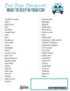 a car checklist with the words what to keep in your car written on it