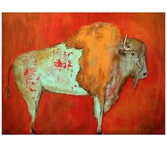 a painting of a bull with orange and red paint on it's body, standing in front of a red background