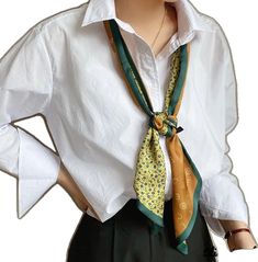 Silk Scarf Button Down Shirt, Rectangular Green Silk Scarf, Green Rectangular Silk Scarf, Rectangular Summer Scarves, Womens Neck Tie, Neck Scarf Outfit, Small Neck Scarf, Scarf Looks, Small Neck Scarves