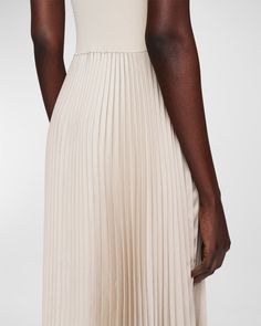 Joseph "Dura" knit midi dress with pleated skirt and contrast hem    V neckline    Sleeveless    Handkerchief hem    Hem falls below the knee    Aline silhouette    Slipover style    Polyester    Dry clean    Imported Joseph Clothing, Silky Skirt, Denim Hat, Handkerchief Hem, Pleated Midi Dress, By Malene Birger, Mid Dresses, Knit Midi, Knit Midi Dress