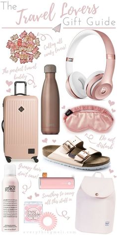 the travel powers gift guide is shown in pink and white with various items on it