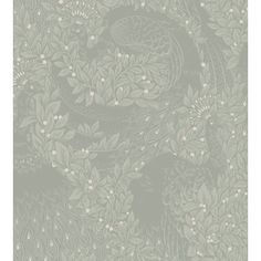 a gray and white wallpaper with flowers, leaves and birds in the middle of it