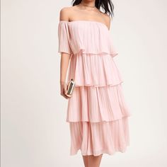 Never Worn, Gorgeous Blush Dress. Size Small Tiered Midi Dress For Spring Party, Elegant Pink Tiered Dress With Ruffles, Elegant Pink Tiered Ruffle Dress, Feminine Flowy Tiered Dress For Parties, Pleated Tiered Midi Dress For Brunch, Spring Midi Ruffle Dress With Pleats, Feminine Spring Tiered Dress For Party, Spring Midi Length Pleated Ruffle Dress, Feminine Tiered Dress For Spring Party