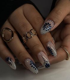 Trendy Blue Nails, Boho Nails, Porcelain Print, Fake Nails Long, Nails Gel Nails, Custom Press On Nails, Nagel Tips, Smink Inspiration, Fire Nails