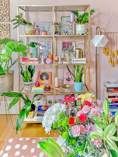 a room filled with lots of different types of plants and flowers on shelves next to each other