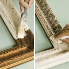 a person is painting a gold frame with white paint