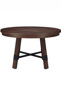 a wooden table with two black legs and a round wood table top on an isolated white background