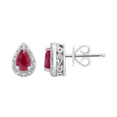 You'll love the impressive design of these sterling silver stud earrings. Length: 9 mm Backings: post Base material: sterling silver Plating: rhodium Finish: polished Packaging: boxed Additional details: nickel free STONE DETAILS Type: ruby Total weight: 9/10 ct. Center stone size: 6 x 4 mm Color: red Shape: pear Setting: prong DIAMOND DETAILS Clarity: I2, I3 Color grade: H, I Diamond weights are approximate. Diamond total weights may vary between .01 and .08 ct. Some diamonds have fewer than 17 Sterling Silver Stud Earrings, Earrings White, Silver Stud Earrings, Ruby Diamond, Sterling Silver Studs, Sterling Silver Earrings Studs, Silver Earrings Studs, Silver Studs, Pear Shaped