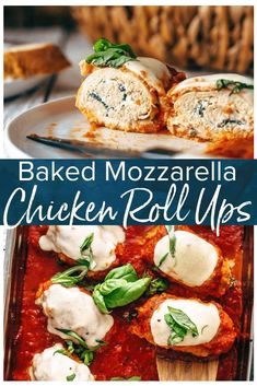 baked mozzarella chicken roll ups with spinach leaves on top and in the middle