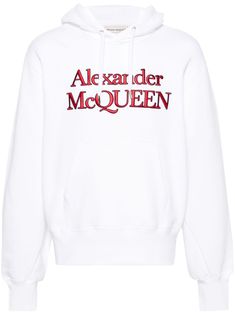 white cotton jersey texture embroidered logo to the front drawstring hood long sleeves ribbed cuffs and hem front pouch pocket straight hem French terry lining Alexander Mcqueen Logo, Hoodie White, Sport Swimwear, Alexander Mcqueen Men, Sports Sweatshirts, Swim Accessories, Shearling Jacket, Cotton Hoodie, White Hoodie