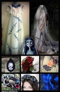 a collage of photos with different costumes and hair accessories, including a bride's dress