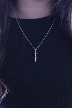 "Say hello to our beautifully crafted sterling silver faith cross necklace. Our necklace is 925 Sterling Silver and is available is Silver and 14k gold plating. We also offer this necklace in two lengths at 16\" and 18\"." Elegant Crucifix Cross Necklace, Sterling Silver Clavicle Chain Crucifix Jewelry, Sterling Silver Crucifix Clavicle Chain, Dainty Silver Crucifix Jewelry, Silver Crucifix Necklace In Fine Jewelry Style, Fine Jewelry Silver Crucifix Necklace, Fine Jewelry Cross Clavicle Chain, Sterling Silver Cross Pendant Necklace, Sterling Silver Crucifix Cross Necklace