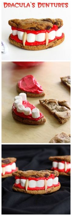 cookies decorated like cars and teeth with red icing on them are shown in three different pictures