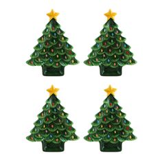 three ceramic christmas trees with lights on them