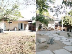 before and after photos of a backyard with landscaping in the foreground, then on the right