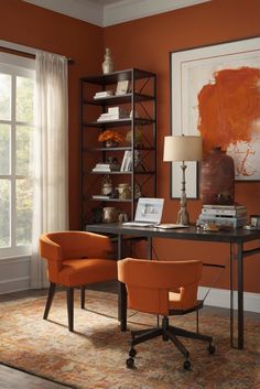 an orange chair sits in front of a desk