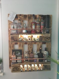 a shelf filled with spices and condiments on top of a wall next to a potted plant